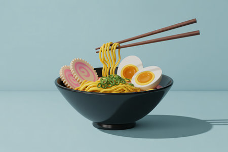 Bowl of delicious ramen with egg and fish cake artの素材
