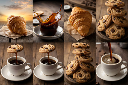 Delicious coffee and pastry collage on wooden tableの素材