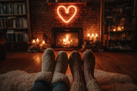 Cozy socks by the fireplace on a winter eveningの素材