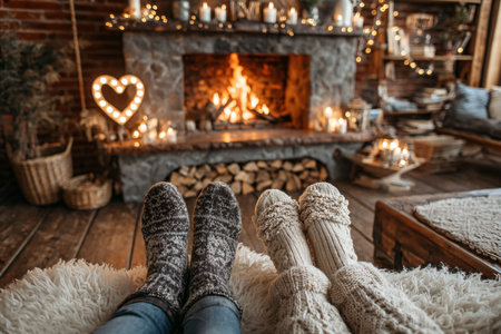 Cozy socks by the fireplace on a winter eveningの素材