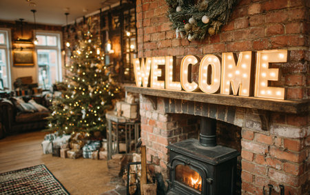 Festive welcome sign above fireplace at christmasの素材