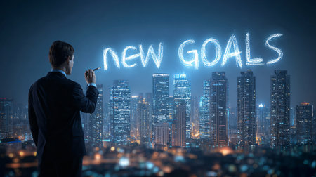 Businessman writing new goals over city skylineの素材