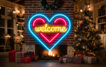 Heart shaped welcome neon sign near christmas treeの素材