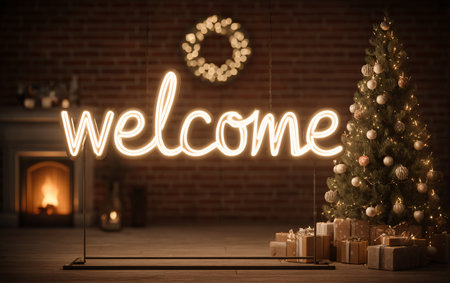 Glowing welcome sign with christmas tree and giftsの素材
