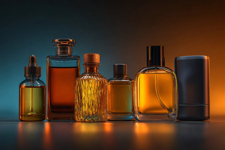 Assortment of perfume bottles in warm lightingの素材