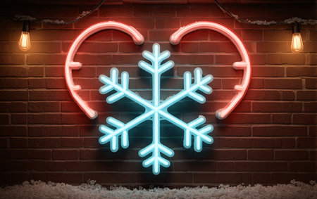 Glowing snowflake with heart neon on brick wallの素材