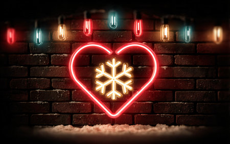 Neon heart with snowflake on brick wall displayの素材