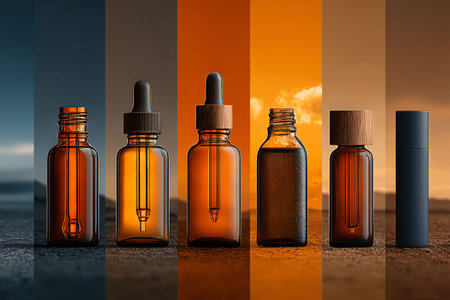 Assorted essential oil bottles in warm color tonesの素材