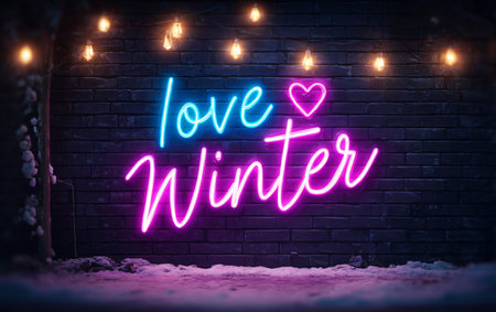 Neon sign displaying love winter on brick wallの素材