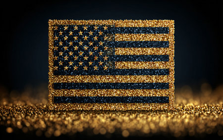 Glittering American flag sparkles in the darknessの素材