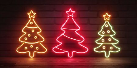 Three neon christmas trees glowing on brick wallの素材