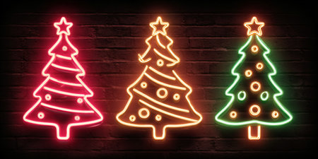 Neon christmas trees glowing on a brick wall sceneの素材