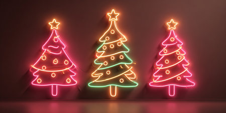 Three neon christmas trees glowing on a dark wallの素材
