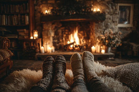 Cozy socks by the fireplace on a winter eveningの素材