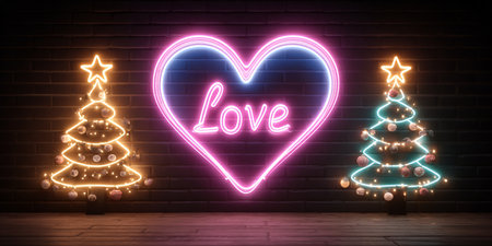 Neon love heart and christmas trees glow on brick wallの素材