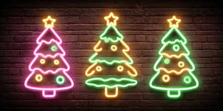 Neon christmas trees glowing on a brick wall sceneの素材