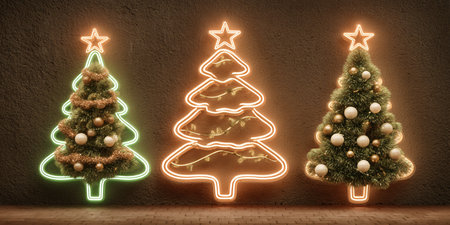 Three christmas trees with neon lights on the wallの素材