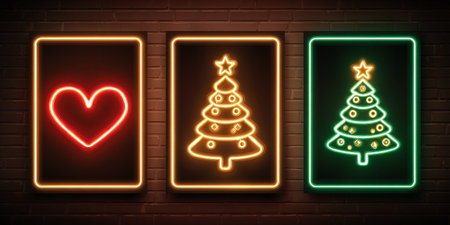 Neon christmas and love signs on a brick wall artの素材