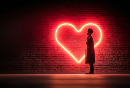 Person stands before a neon heart on brick wallの素材