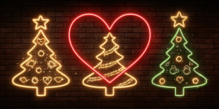 Festive neon christmas trees on a brick wall artの素材