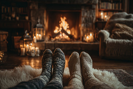 Cozy socks by the fireplace on a winter eveningの素材