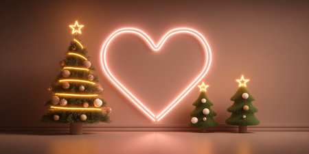 Christmas trees and heart shaped neon light displayの素材
