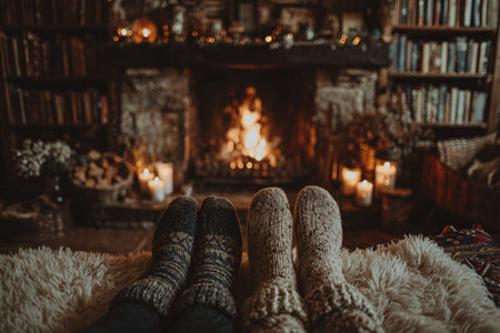 Cozy socks by the fireplace on a winter eveningの素材