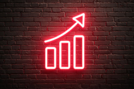 Neon chart showing growth on a brick wall textureの素材