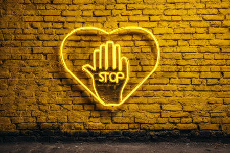 Neon stop hand inside heart on a yellow brick wallの素材