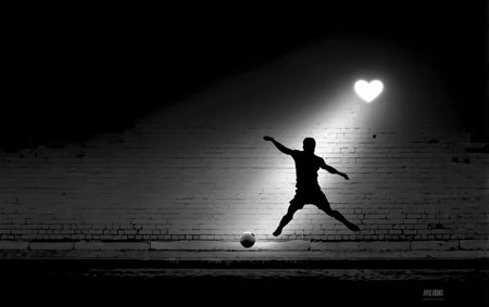Silhouette of a soccer player kicking with love lightの素材
