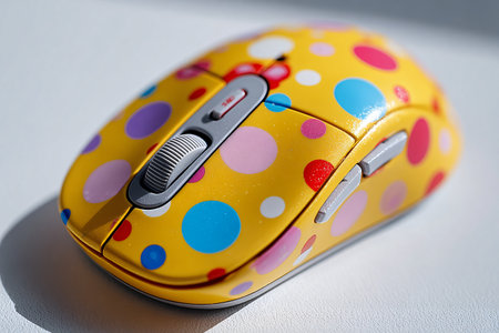Bright yellow computer mouse with colorful polka dots on white surfaceの素材