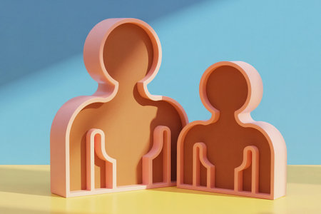Abstract 3d representation of two human silhouette figures symbolizing relationship and connectionの素材
