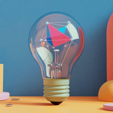 Abstract three dimensional geometric shape glowing inside a transparent light bulb symbolizing new ideasの素材