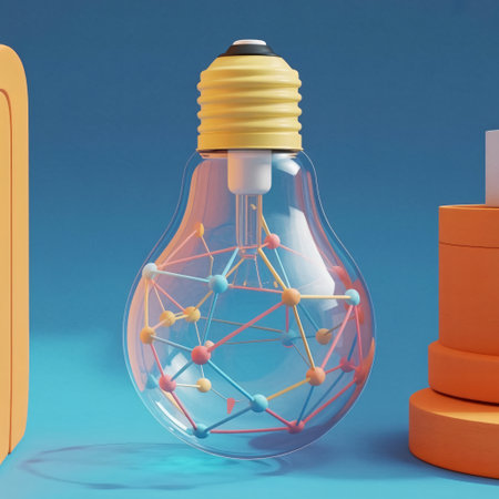 Conceptual 3d rendering of a glowing light bulb containing a colorful interconnected molecular network structureの素材