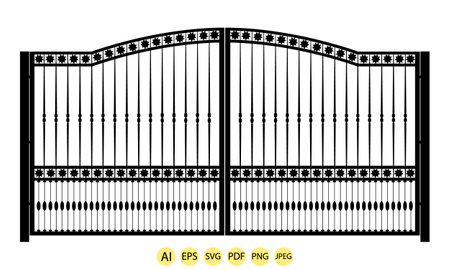 Modern forged gates, Gate icons, portal signs, Decorative metal gates with swirls, arrows, and ornaments, Vector illustration-3のイラスト素材