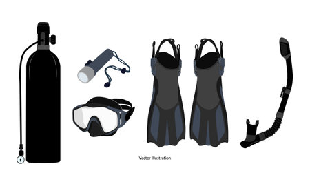 Scuba diving Equipment Snorkeling Masks, Scuba Diver Tools of Different Design, Isolated on White Background, Icons, Vector Illustration.のイラスト素材