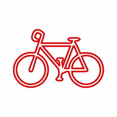 A minimalist, red line art illustration of a bicycle. The image features a clean outline of a bike with wheels, frame, handlebars, and pedals.のイラスト素材