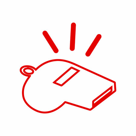 A simple, stylized red outline drawing of a whistle, emitting sound waves, against a white background.のイラスト素材