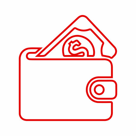 A stylized outline of an open wallet with a dollar bill and a card sticking out, representing finance and transactions.のイラスト素材