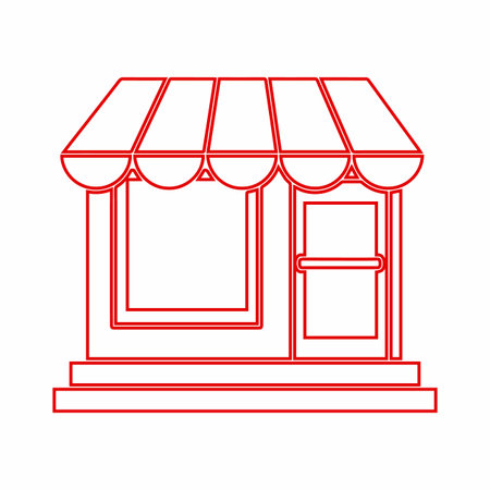 A minimalist illustration of a shop building featuring a prominent awning, large display window, and a doorway.のイラスト素材