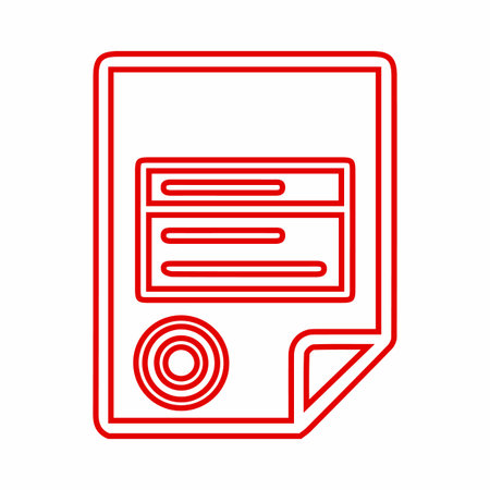 A stylized red outline graphic representing a document with labeled sections and a circular seal, suggesting official paperwork or a form.のイラスト素材