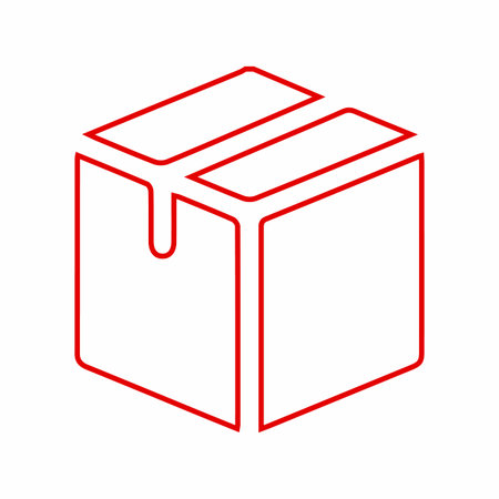 A minimalist, isometric line art icon depicting a closed cardboard box with red outlines on a white background.のイラスト素材