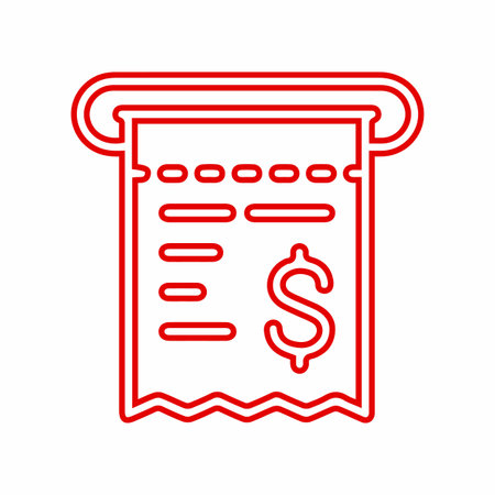A stylized red outline icon depicts a receipt emerging from a slot, featuring a prominent dollar sign and lines representing text.のイラスト素材