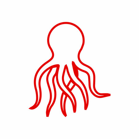 A minimalist red line drawing of an octopus with its tentacles spread out against a plain white background.のイラスト素材