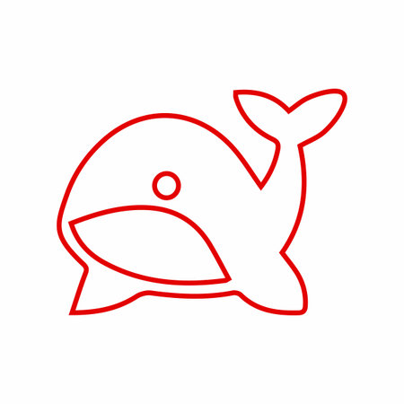A minimalist, red outline drawing of a stylized whale. The artwork features a simple, clean design with a round body and tail.のイラスト素材