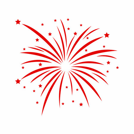 A vibrant red and white starburst firework explodes with trailing sparks and small scattered stars against a white background.のイラスト素材