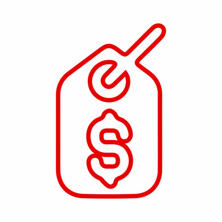 A simple red outline of a price tag featuring a stylized dollar sign inside. Represents cost, value, or commerce.のイラスト素材