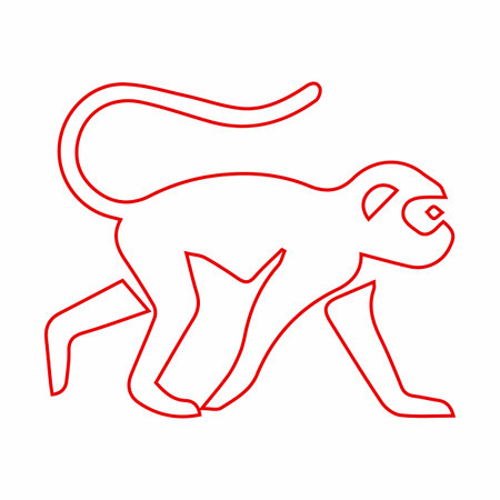 A simple, stylized line drawing of a monkey in a quadrupedal stance, with a long curved tail and an open mouth.のイラスト素材