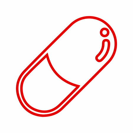 A simple, stylized line drawing of a pharmaceutical capsule, depicted with a red outline on a white background.のイラスト素材