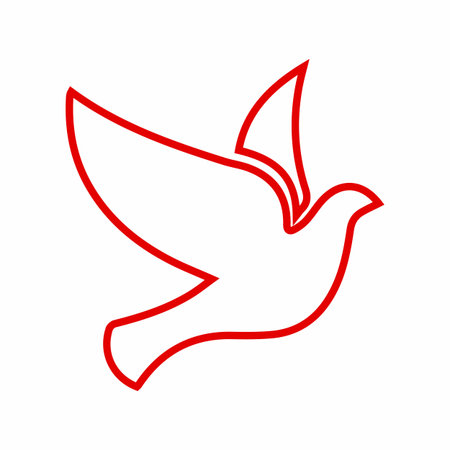 A minimalist, red outline of a dove in mid-flight, symbolizing peace and freedom. The design is clean and elegant.のイラスト素材